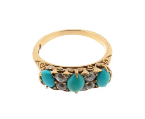 A turquoise and diamond half hoop ring, set with three oval-shaped turquoise cabochons and four old cushion-shaped diamonds i