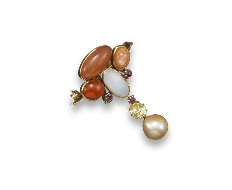 An Arts and Crafts gem-set gold brooch, set with a cluster of fire opal cabochons, a white opal, three rubies and two small d