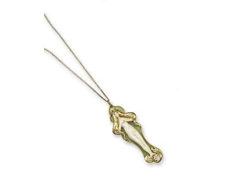 A French Art Nouveau pendant, depicting a nymph in ivory on green enamel ground and with stylised gold hair and surround. 5.6