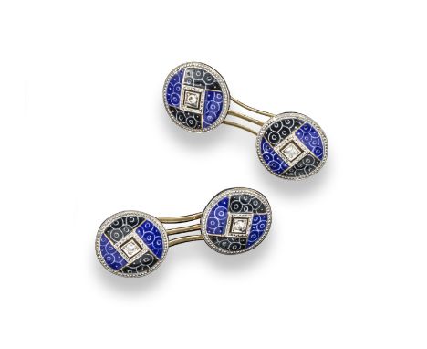 A pair of Art Deco dress cuff links, each gold link centred with a square-set circular-cut diamond and alternately quartered 