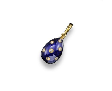 A modern egg pendant by Fabergé, decorated with dark blue guilloche enamel with seven circular-cut diamonds in gold rubover s