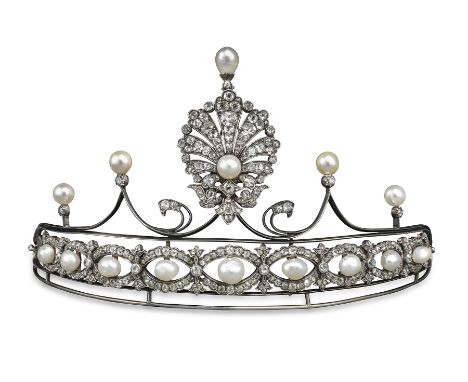 A 19th century pearl and diamond set tiara with bracelet conversion, the bracelet is set with nine natural salt water pearls,
