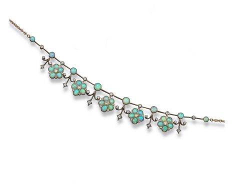 An early 20th century opal and diamond fringe necklace, set with opal cabochons and diamonds on knife-edge links and suspendi