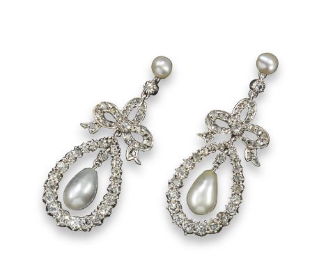 A pair of late Victorian natural pearl and diamond drop earrings, the small button-shaped pearls suspend diamond bows and a d