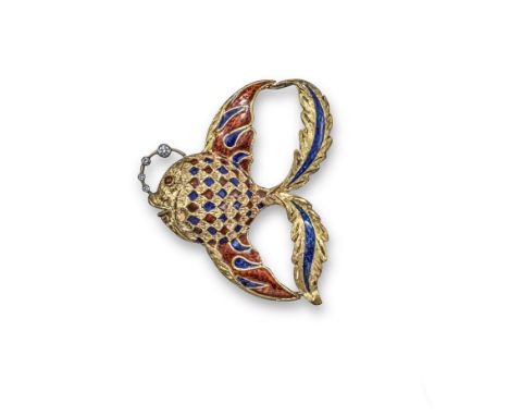 A gold and enamel fish brooch by Cartier, with blue and red enamel decoration and blowing four circular-cut diamond bubbles. 