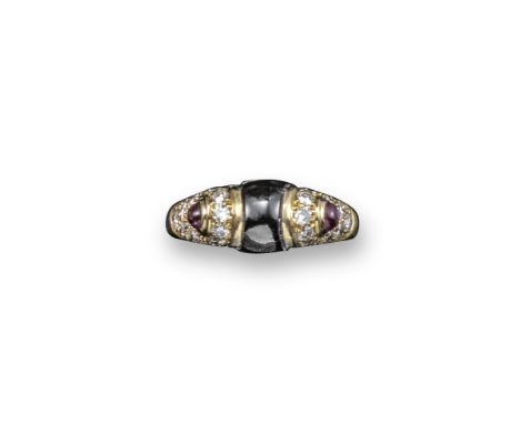 A diamond, onyx and ruby ring by Marina B (Bulgari), centred with a black onyx section and the shoulders pavé-set with small 