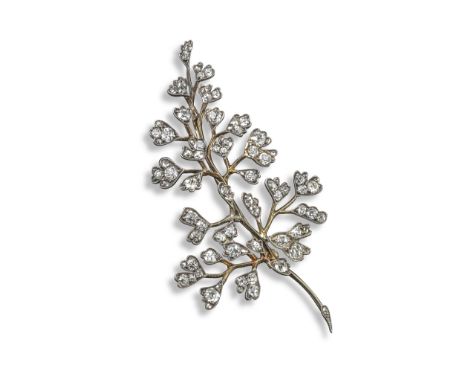 A late Victorian diamond foliate brooch, realistically designed as a ginkgo sprig and set overall with old cushion-shaped dia