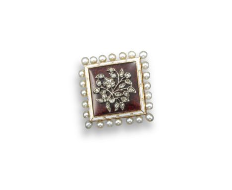 An early 20th century lozenge-shaped giardinetto brooch, the foliate design set with rose-cut diamonds on a dark red guilloch