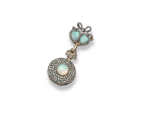 A late Victorian opal and diamond fob watch, of circular-form and pave-set with rose cut diamonds and an opal cabochon. Suspe