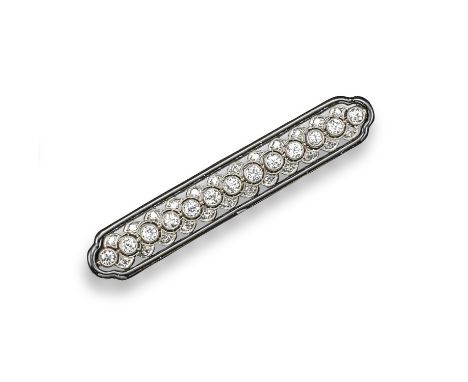 An Art Deco enamel and diamond brooch, millegrain-set with three lines of graduated circular-cut diamonds within an outer bor