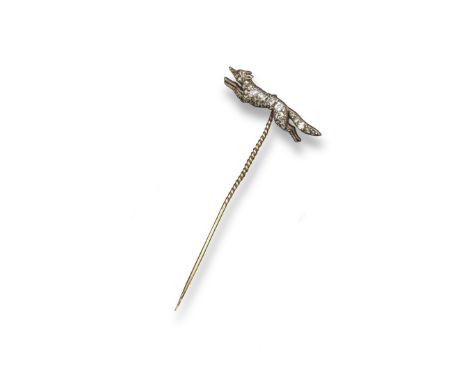 An early 20th century diamond set fox stickpin, the running fox is pavé-set with cushion-shaped and rose-cut diamonds in silv