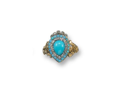 A late George III turquoise and diamond set cluster ring, centred with a later pear-shaped turquoise cabochon within a surrou