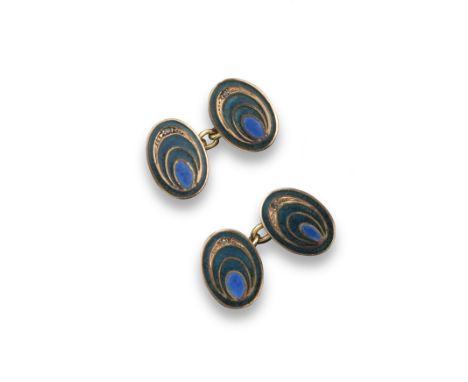 A pair of 9ct gold and enamel cuff links by Barnet Henry Joseph, the blue and green enamel with stylised peacock feather deco