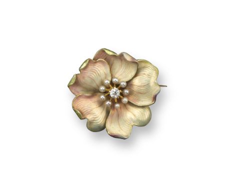 A gold flower head brooch, centred with a diamond and seed pearls with realistic shaded enamel decoration to the petals. Bloo
