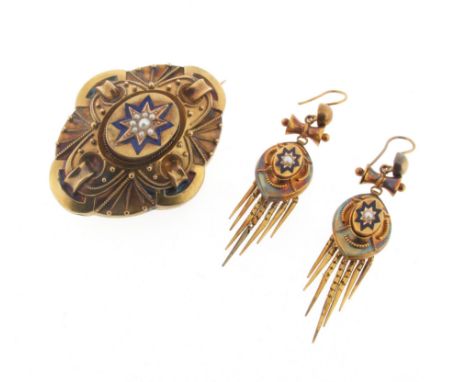 A late 19th century gold suite of jewellery, comprising a gold brooch with pellet decoration, blue enamel and seed pearls, an