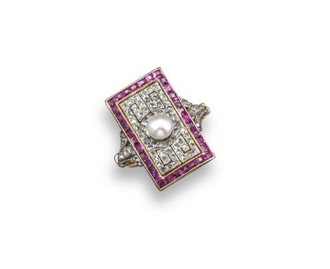 An Art Deco plaque ring, centred with an untested pearl on a rectangular mount set with rose-cut diamonds in a geometric patt