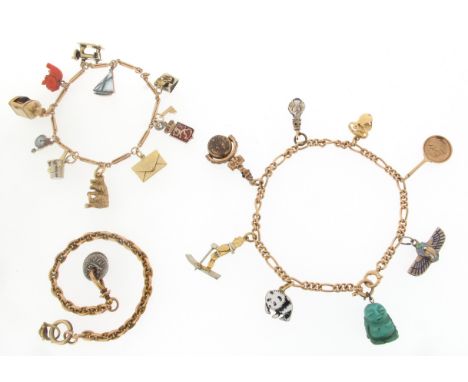 Two gold charm bracelets, each containing various gem-set, articulated and enamel charms including a gold sewing machine, a g