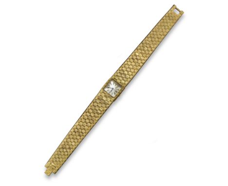A Lady's Jaeger-LeCoultre gold wristwatch, the square silvered dial with baton numerals and signed Jaeger LeCoultre, on a bri