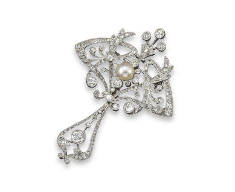An Art Nouveau diamond and pearl brooch pendant, centred with a natural pearl within a surround of millegrain-set graduated c