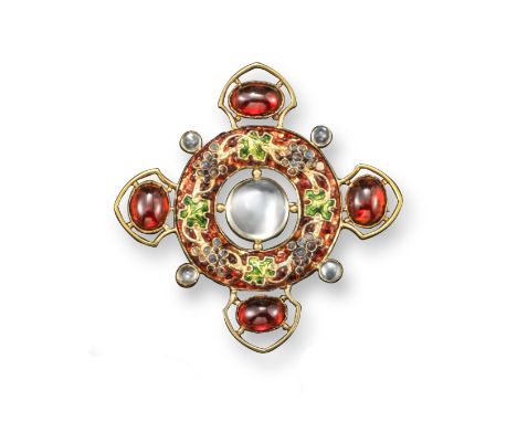 A garnet and moonstone mounted gold Arts and Crafts brooch by James Cromar Watt, centred with a moonstone cabochon with a fol