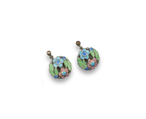 A pair of silver and enamel earrings in the manner of Bernard Instone, of foliate design and decorated with polychrome enamel