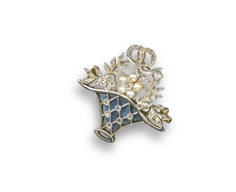 A small Edwardian giardinetto brooch, the basket with diamond set lattice decoration on blue guilloche enamel ground.  Pearl 