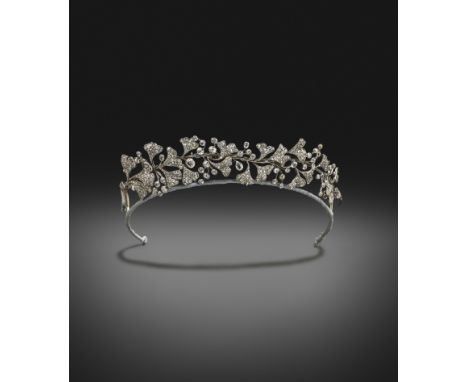 A late Victorian diamond set floral tiara, designed with ginkgo leaves pavé-set with graduated circular-cut diamonds with lar