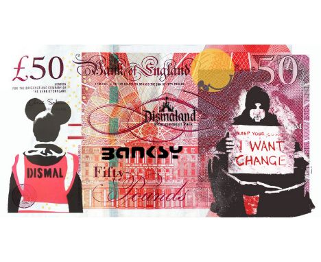 BANKSY X DISMALAND – D’APRESI want change, Dismal Sterling Canvas, 2015Sérigraphie sur toile, édition limitée, livré avec le 
