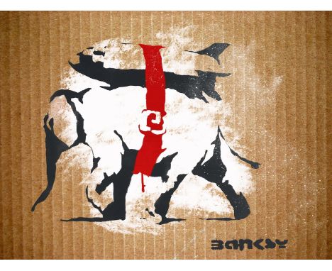 BANKSY DISMALAND– D’APRESSans titreBombe aérosol et pochoir sur carton, signé et numéroté à 50 exemplaires.Art gratuit de la 