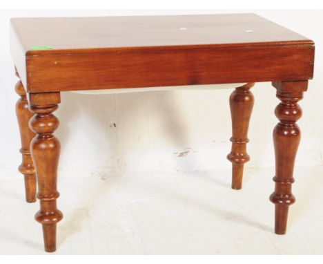 A Victorian 19th century mahogany commode stool. Of rectangular form with lid to reveal a ceramic kidney form bowl. All raise