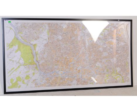 A large contemporary oversized framed Ordnance Survey map of the City of Bristol. The large map set within acrylic panel clea