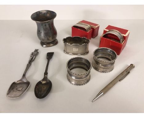 Antique and Vintage silver five silver hallmarked napkin rings total approximately 83.01g a tankard approximately 45.48g silv