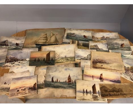 Paintings and pictures, collection of unframed naive, folk art style water colour paintings of ships and costal scenes, appro