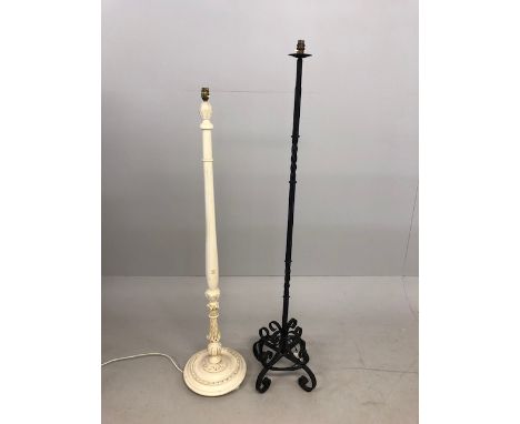 Vintage Lighting, two standard lamp bases, one of scroll work metal, the other of carved wood with a white finish 