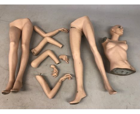 Vintage 1980s female form mannequin parts, torso with head, three arms and hands, two pairs of legs 