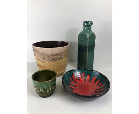 Mid century studio ceramics, matt glaze west German plant holder, a smaller pot holder, a green speckle glaze tall square vas