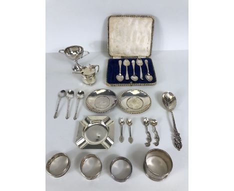 Antique and vintage silver, collection of hallmarked items to include salt pot, sporting cup, napkin rings, ashtray,  tea spo