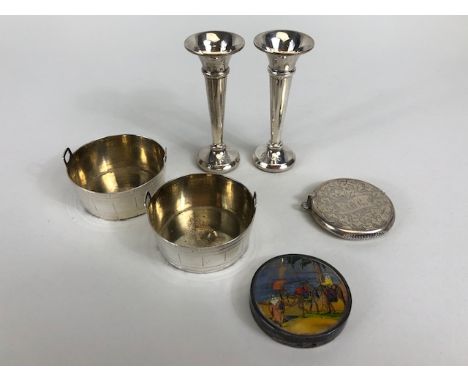Collection of hallmarked silver items to include a pair of posey vases, a pair of Silver salts in the form of buckets and and