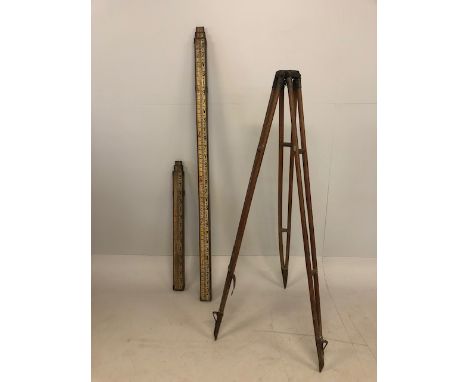 Urban Industrial, 20th century wooden surveyors box rule measure and a wooden theodolite tripod stand 