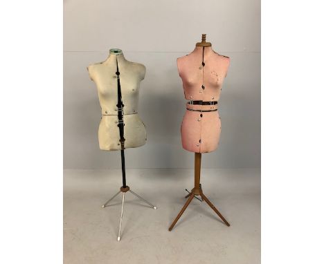 Two Mid century Dress makers body forms, one on a wooden stand the other on a metal tripod stand 
