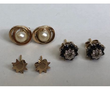 Vintage Jewellery, 9ct cluster earrings set with diamond and sapphires, pair of 9ct star earrings, pair of 9ct earrings set w