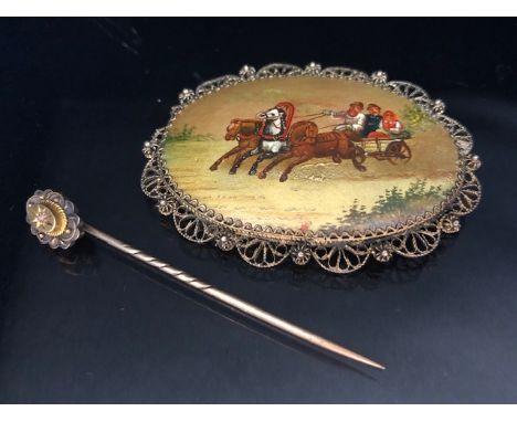 Victorian hand painted brooch with wirework frame and a Victorian hat pin with inset diamond