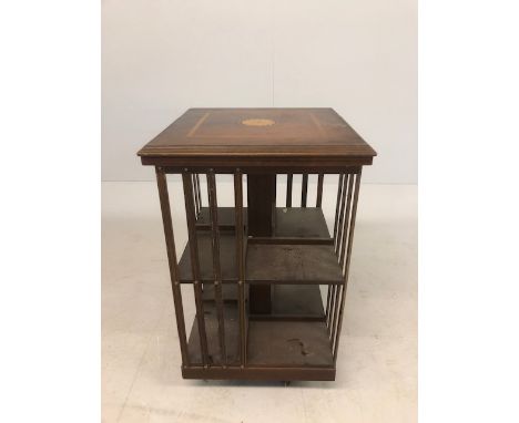 Antique and vintage Furniture, mahogany  revolving book case the top with inlaid fan design approximately 48 x 48 x 80cm