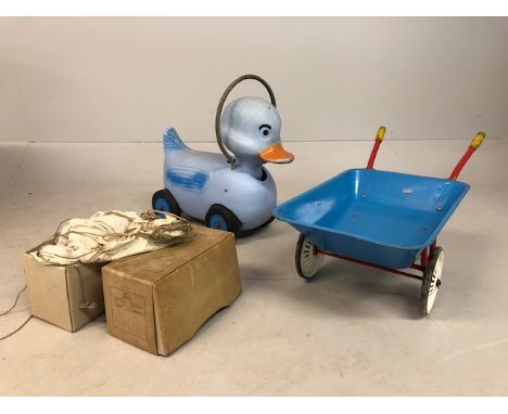 Vintage Toys, Ride on duck with moveable head, MoBo metal wheel barrow, fabric play tent  