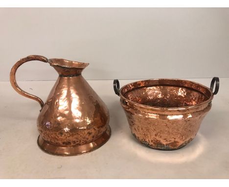 Antique copper washing basin and copper Gallon hot water jug 