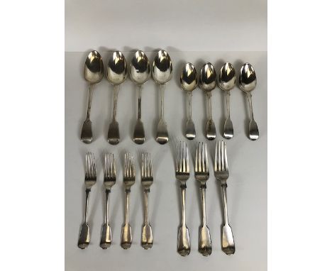 Collection of hallmarked Georgian Silver flatware, 4 serving and 4 desert spoons, 3 large and 4 small forks all hallmarked fo