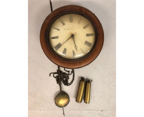 Antique Clocks, 19th century round faced weight driven mahogany cased chiming wall clock (not tested)