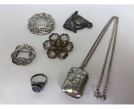 Antique and Vintage Silver, hallmarked Vesta case suspended from a belcher link chain, silver horse head brooch, two celtic b