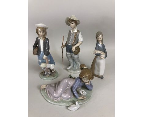Lladro, four figures to include girl with doll, girl with piglett, girl with ducks, and fisher boy