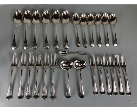 Silver Flatware 27 pieces:Sets of six Silver hallmarked desert spoons, serving spoons, forks and desert forks, two ladles and